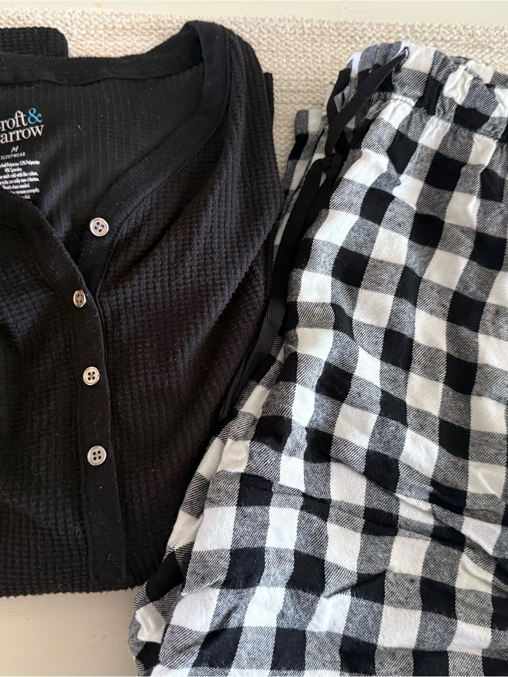 croft & barrow Black Waffle Henley Top with Black & White Buffalo Plaid Pants